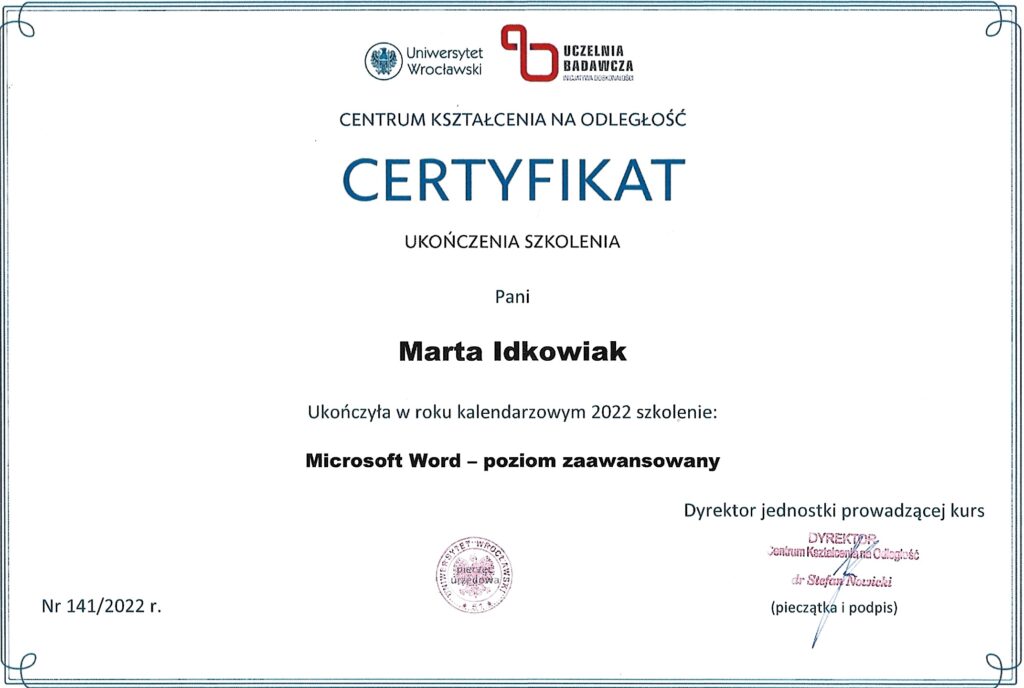 certyfikat MsWord zaawansowany